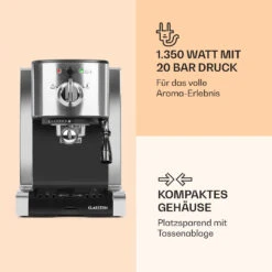 Passionata 20 Espressomaschine 20 Bar 6 Tassen 1,25 Liter Milchschaum 12 Passionata 20 Espressomaschine 20 Bar 6 Tassen 1,25 Liter Milchschaum -Klarstein Verkaufsgeschäft 10031702 de 0003 logo