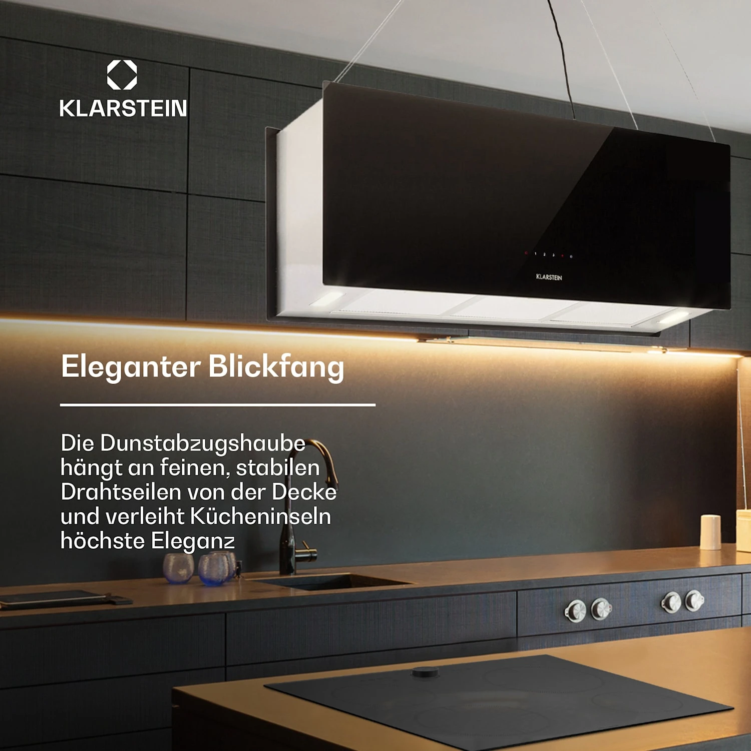 Kronleuchter XL Inselabzugshaube 90cm Umluft 590m³/h LED Touch Schwarz 4 Kronleuchter XL Inselabzugshaube 90cm Umluft 590m³/h LED Touch Schwarz – Bild 2