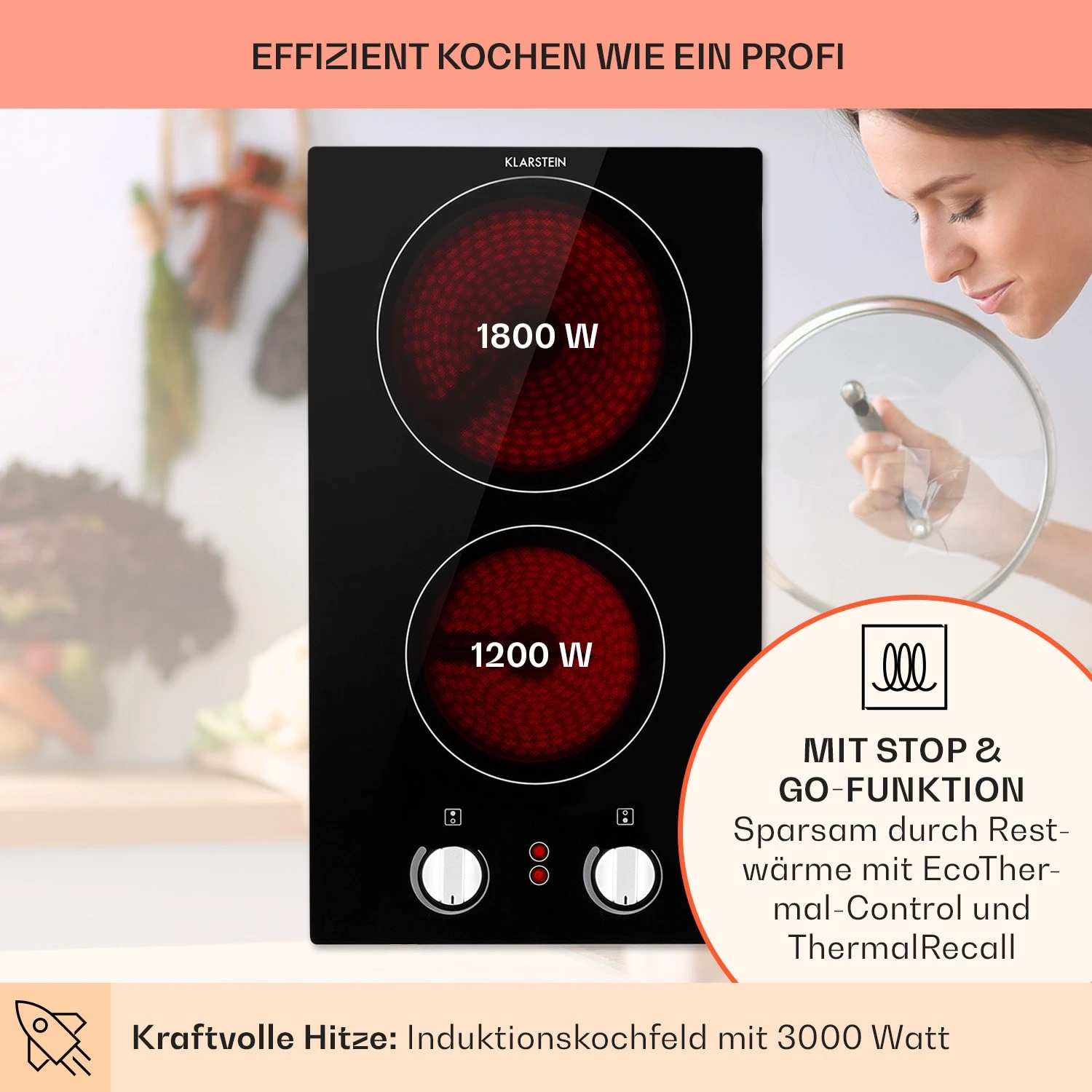 EasyCook Domino Keramikkochfeld 3000W Drehregler Schwarz 5 EasyCook Domino Keramikkochfeld 3000W Drehregler Schwarz – Bild 3