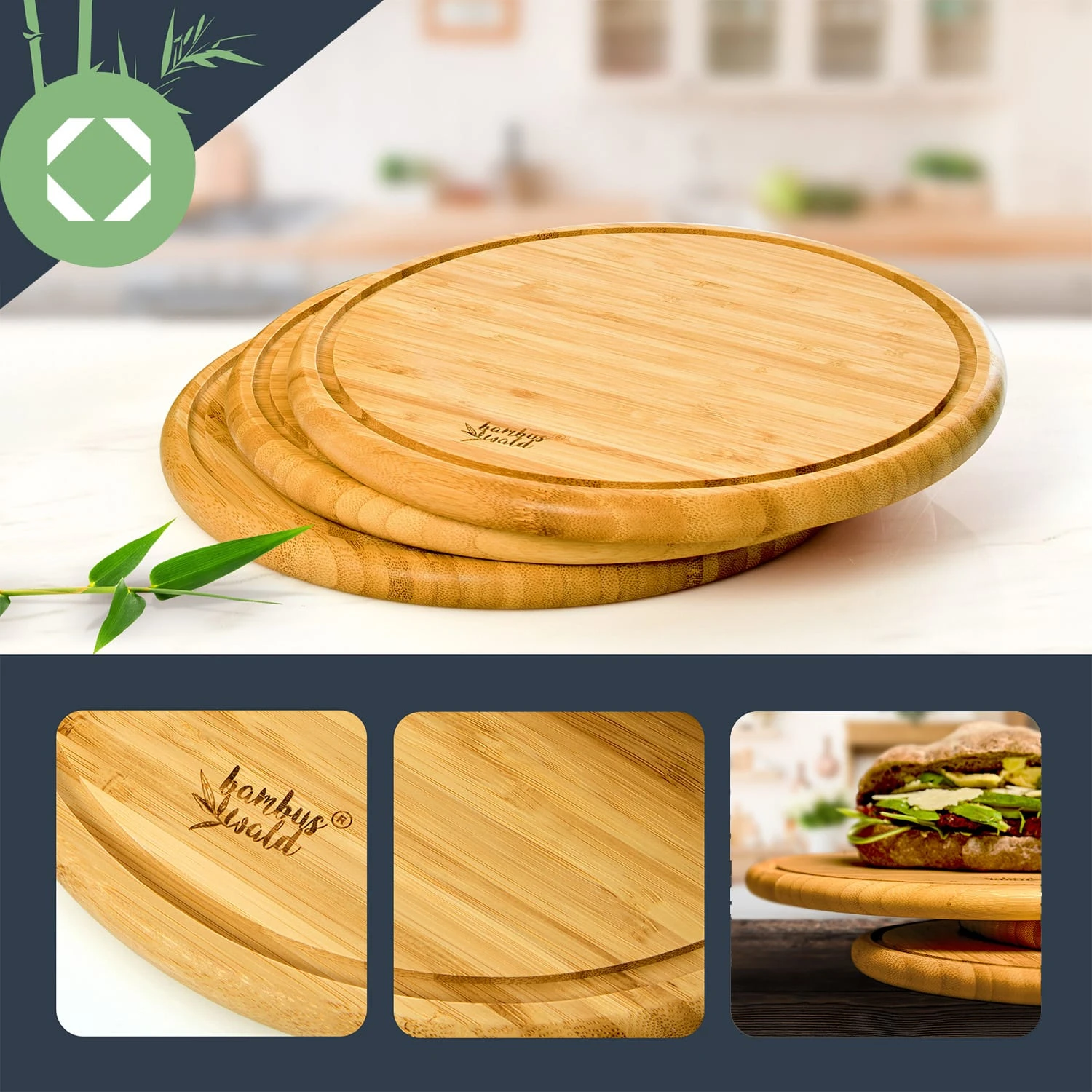 3er-Set Bambus-Frühstücksbrett Rund 25 X 1,6 X Cm (ØxH) Pflegeleicht 5 3er-Set Bambus-Frühstücksbrett Rund 25 X 1,6 X Cm (ØxH) Pflegeleicht – Bild 3