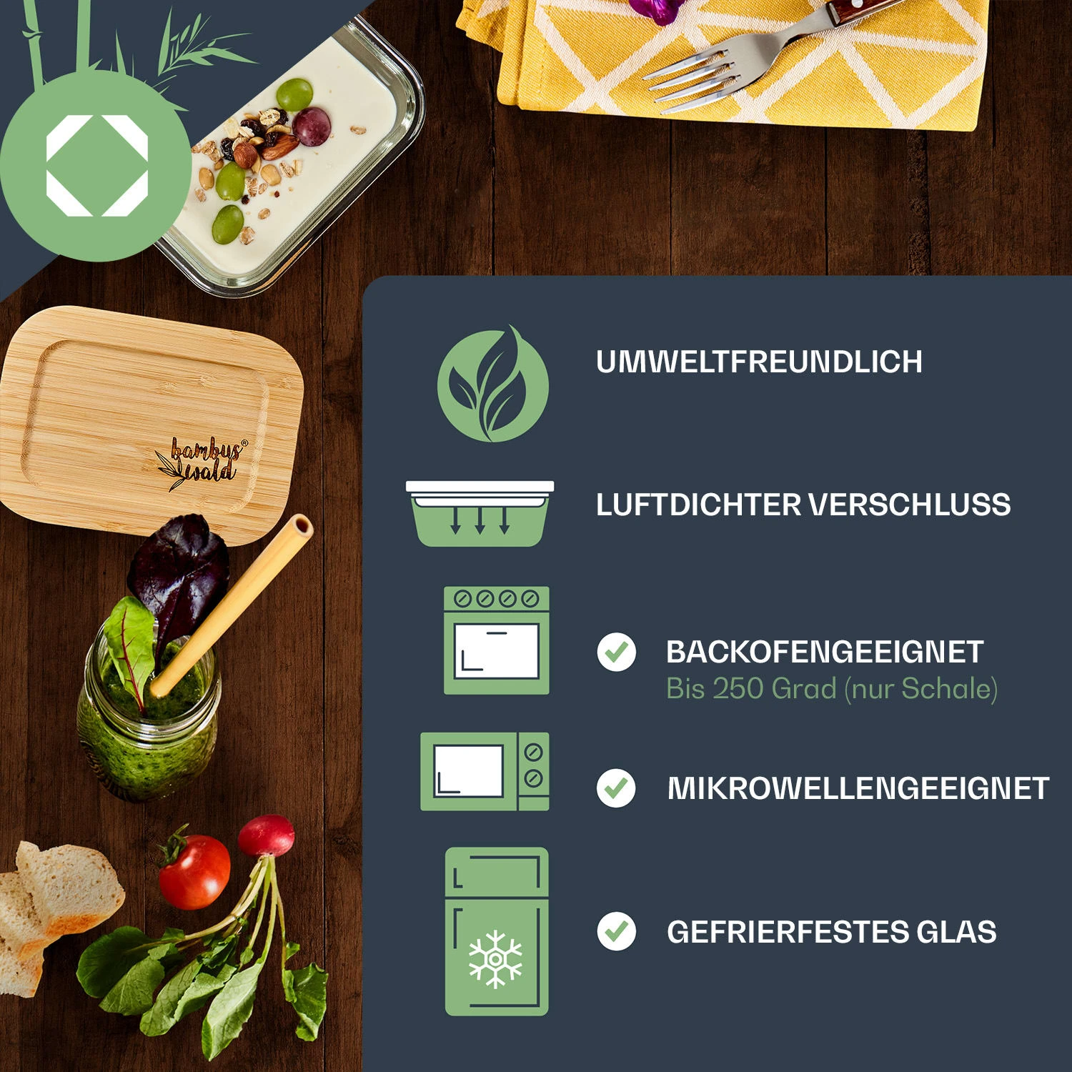 Eckiges Vorratsdosen-Set Glas Bambusdeckel 4 Stück Verschiedene Größen 4 Eckiges Vorratsdosen-Set Glas Bambusdeckel 4 Stück Verschiedene Größen – Bild 2