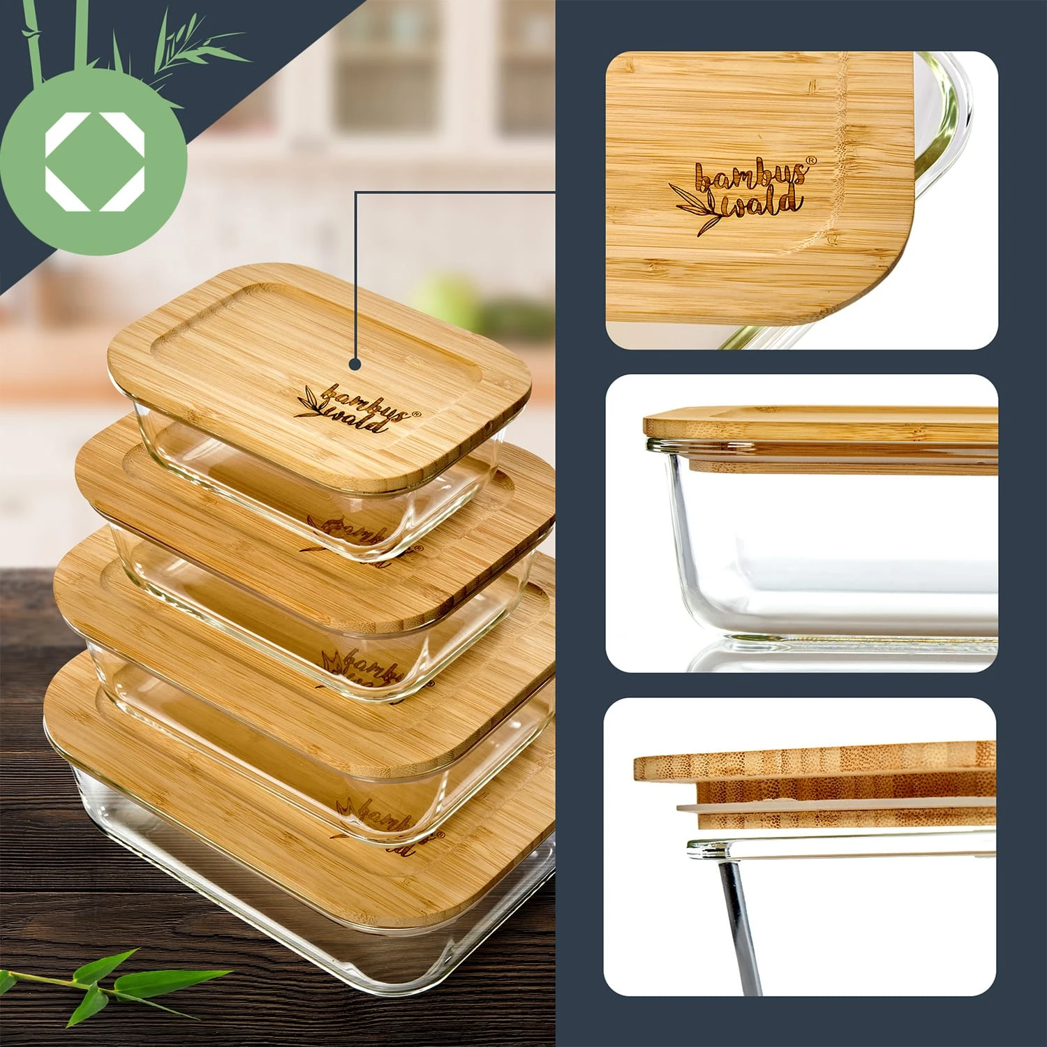 Eckiges Vorratsdosen-Set Glas Bambusdeckel 4 Stück Verschiedene Größen 5 Eckiges Vorratsdosen-Set Glas Bambusdeckel 4 Stück Verschiedene Größen – Bild 3