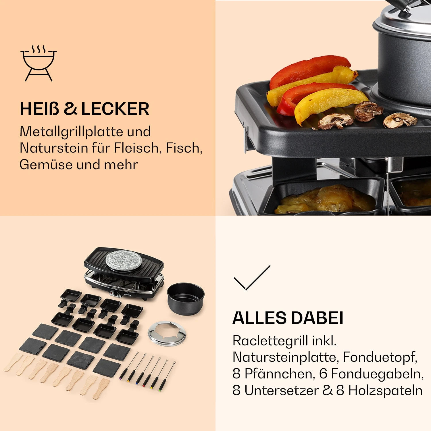 Entrecote 2-in-1 Raclette-Grill & Fondue Naturstein 1100W 8 Personen 7 Entrecote 2-in-1 Raclette-Grill & Fondue Naturstein 1100W 8 Personen – Bild 5
