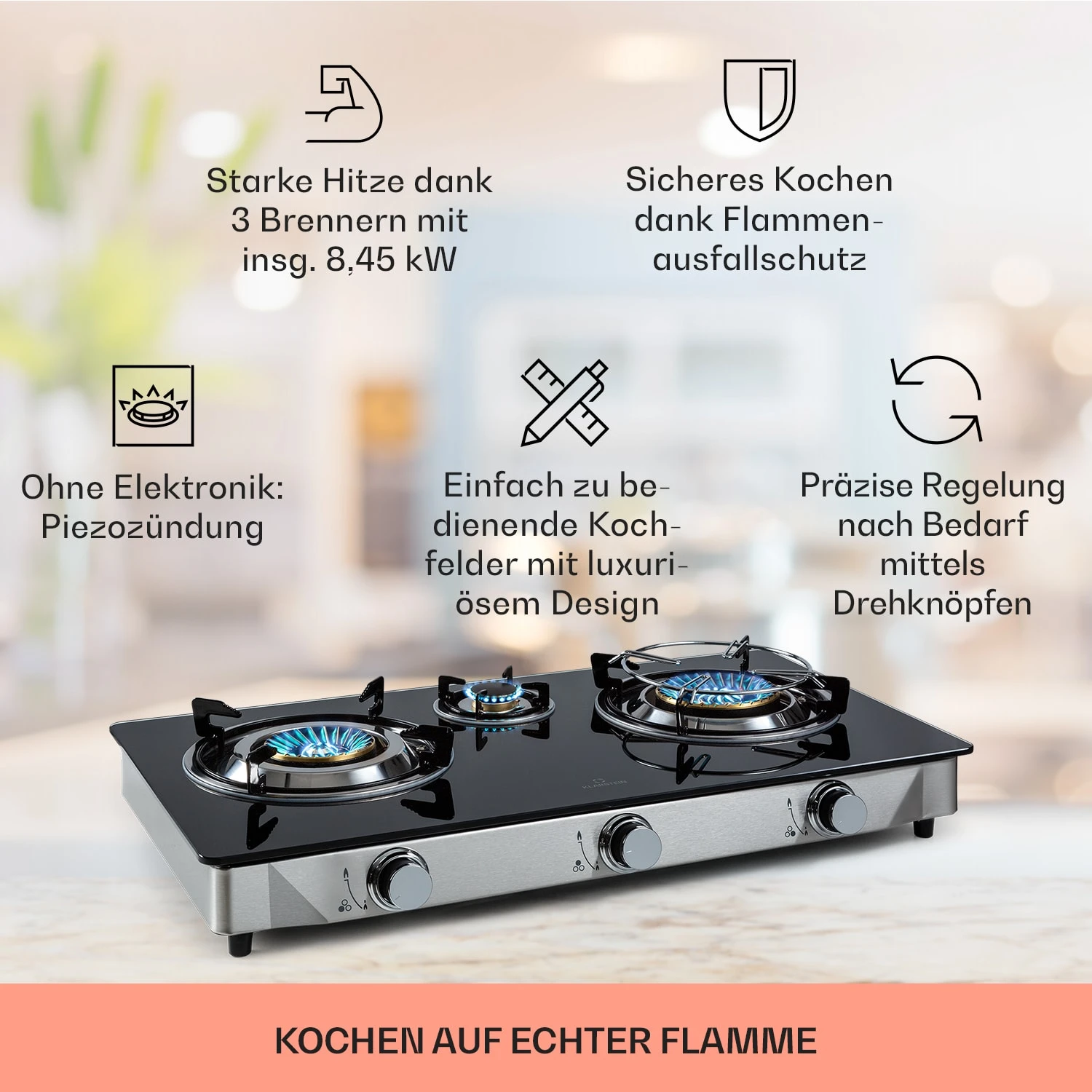 Barzona 3 Campingkocher 3 Brenner 3,4 KW & 0,75 KW & 4,3 KW Glasplatte & Edelstahlgehäuse 4 Barzona 3 Campingkocher 3 Brenner 3,4 KW & 0,75 KW & 4,3 KW Glasplatte & Edelstahlgehäuse – Bild 2