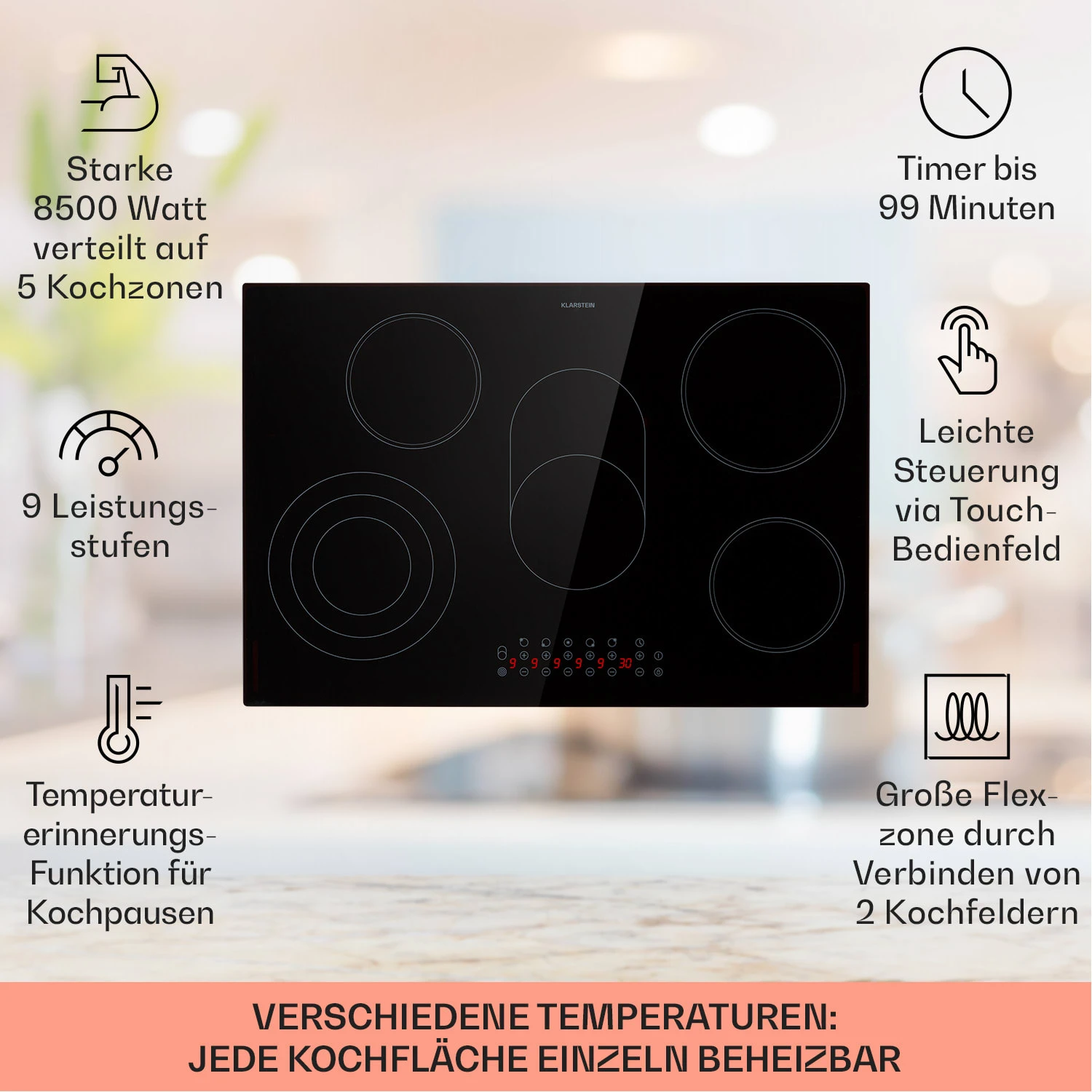 Virtuosa 5 Einbaukochfeld 5 Zonen 8500W Glaskeramik 4 Virtuosa 5 Einbaukochfeld 5 Zonen 8500W Glaskeramik – Bild 2