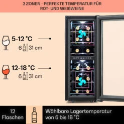 Shiraz 12 Duo Weinkühlschrank 2 Zonen 42L/12 Flaschen 5-12 / 12-18 °C Touch -Klarstein Verkaufsgeschäft 10041361 de 0003 usp