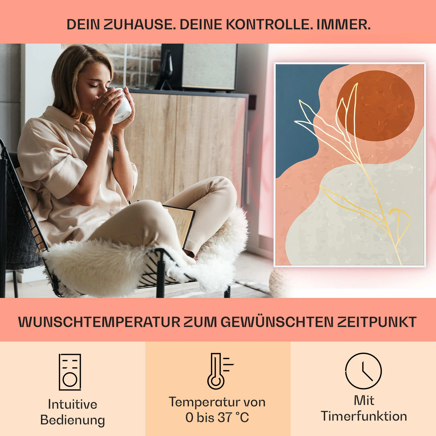Wonderwall Air Art Smart Infrarotheizung 60x80cm 500W Wandinstallation App-Steuerung Goldene Linien 4 Wonderwall Air Art Smart Infrarotheizung 60x80cm 500W Wandinstallation App-Steuerung Goldene Linien – Bild 2