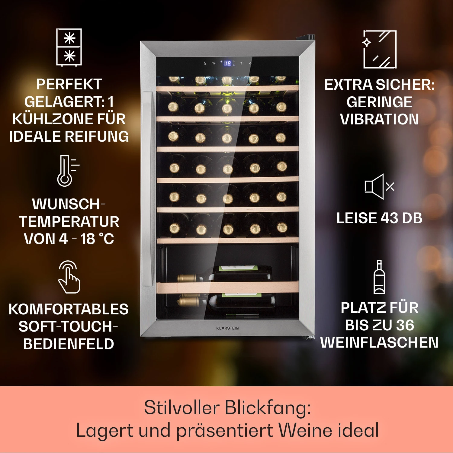 Vinamour 32 Uno Weinkühlschrank 1 Zone 95 L / 36 Flaschen 4-18°C Touch 4 Vinamour 32 Uno Weinkühlschrank 1 Zone 95 L / 36 Flaschen 4-18°C Touch – Bild 2