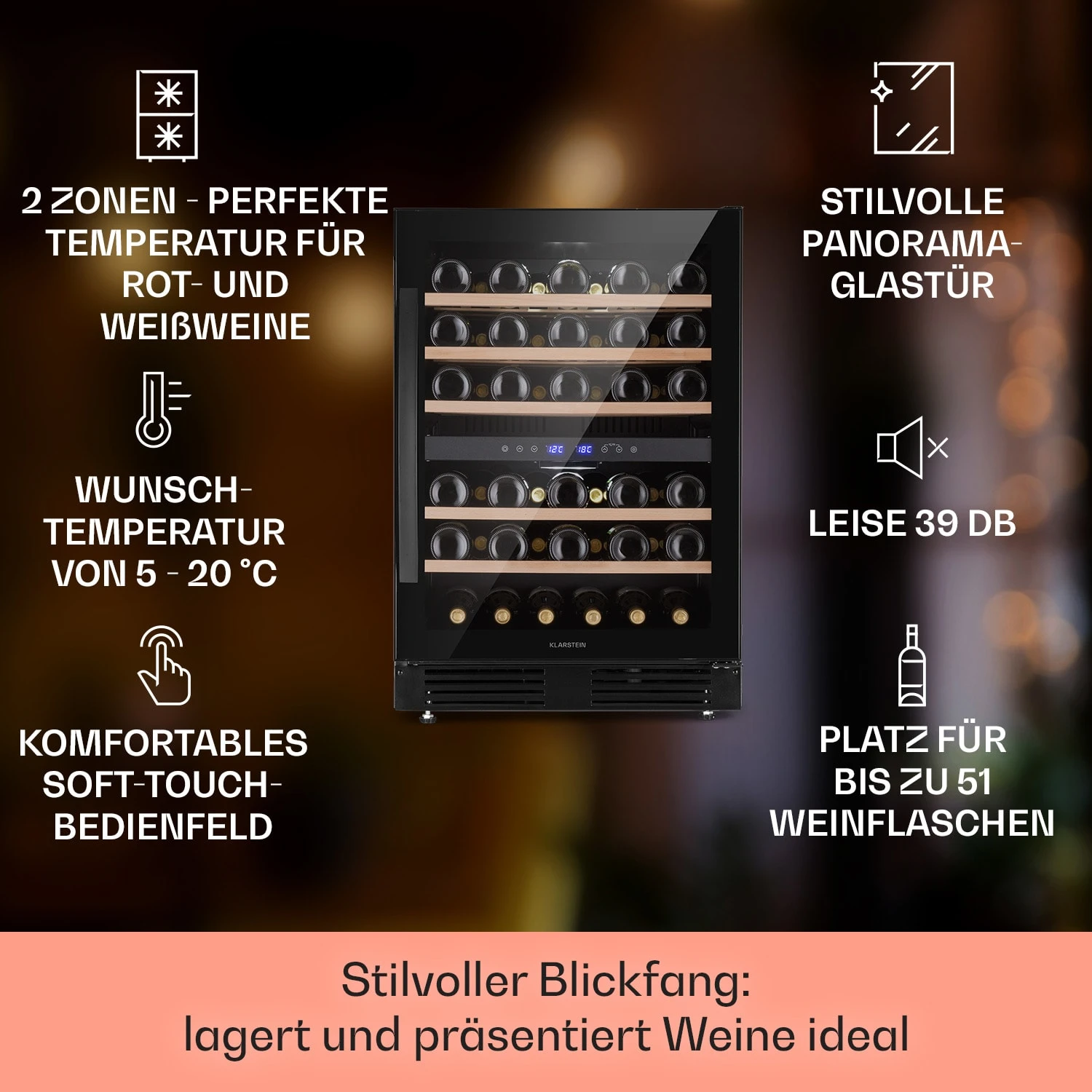 Vinovilla 50 Duo Zweizonen-Weinkühlschrank 53l 17 Fl. 3-Farben Glastür 4 Vinovilla 50 Duo Zweizonen-Weinkühlschrank 53l 17 Fl. 3-Farben Glastür – Bild 2