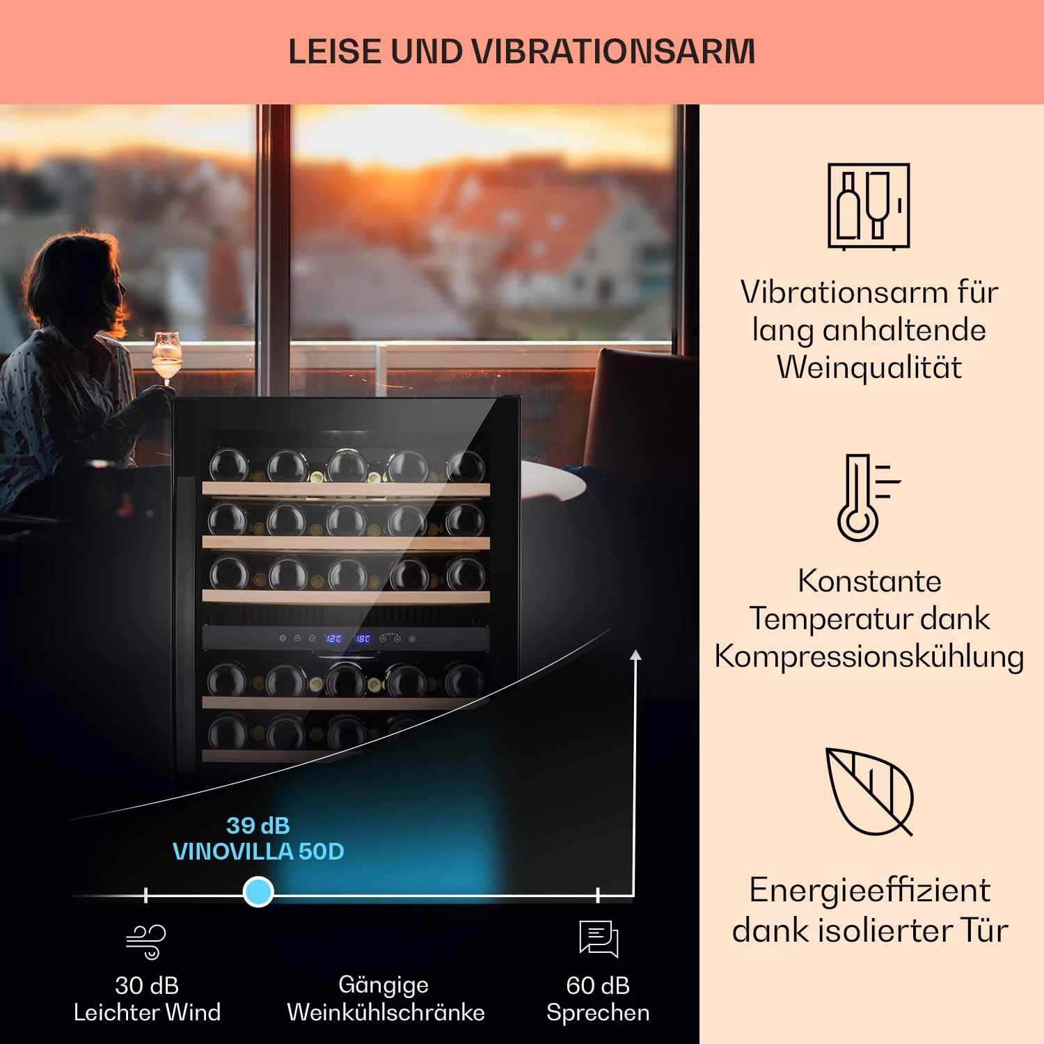 Vinovilla 50 Duo Zweizonen-Weinkühlschrank 53l 17 Fl. 3-Farben Glastür 6 Vinovilla 50 Duo Zweizonen-Weinkühlschrank 53l 17 Fl. 3-Farben Glastür – Bild 4